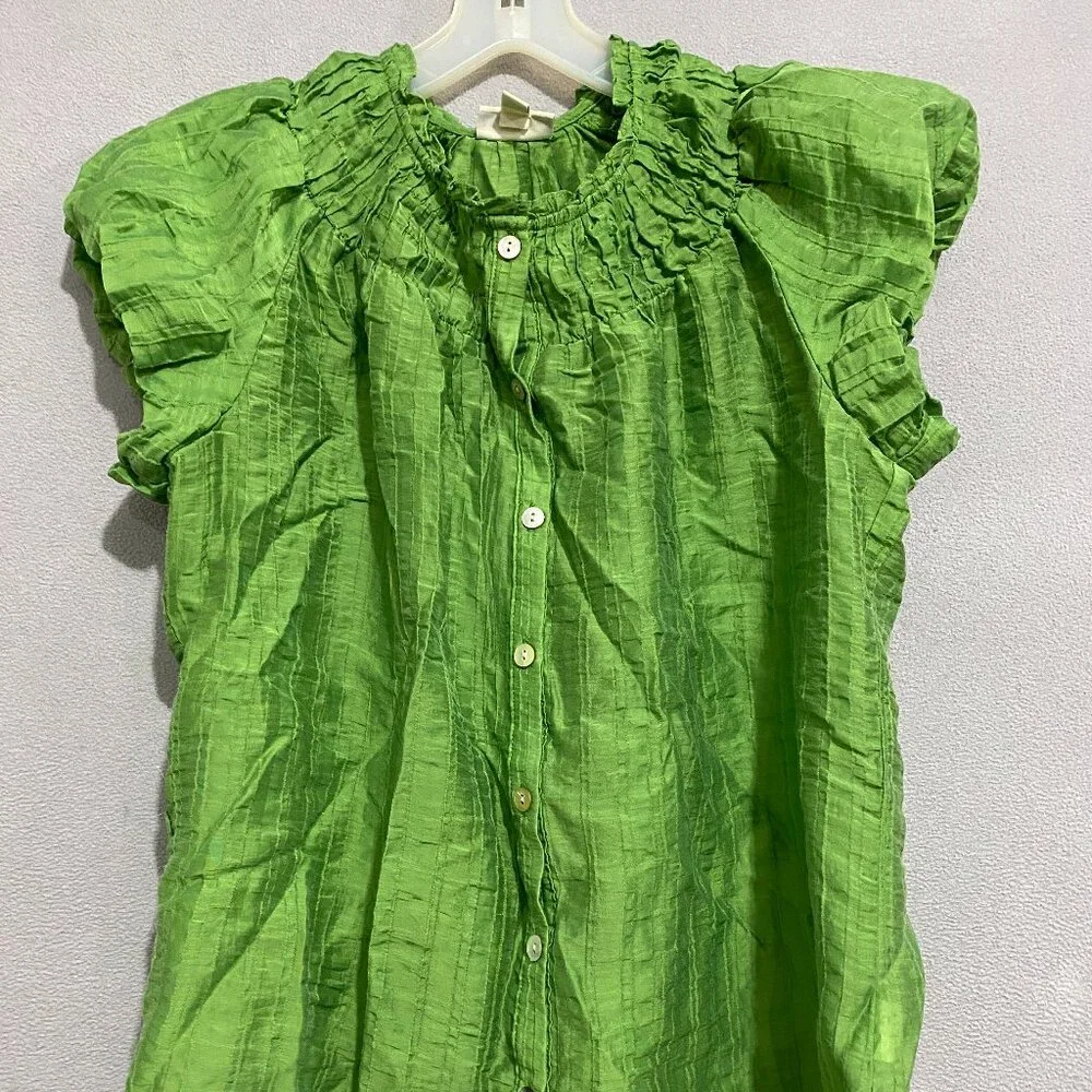En Focus Studio Salted Lime Ruffle Sleeve Blouse | Textured Button Front Top M - Picture 1 of 7